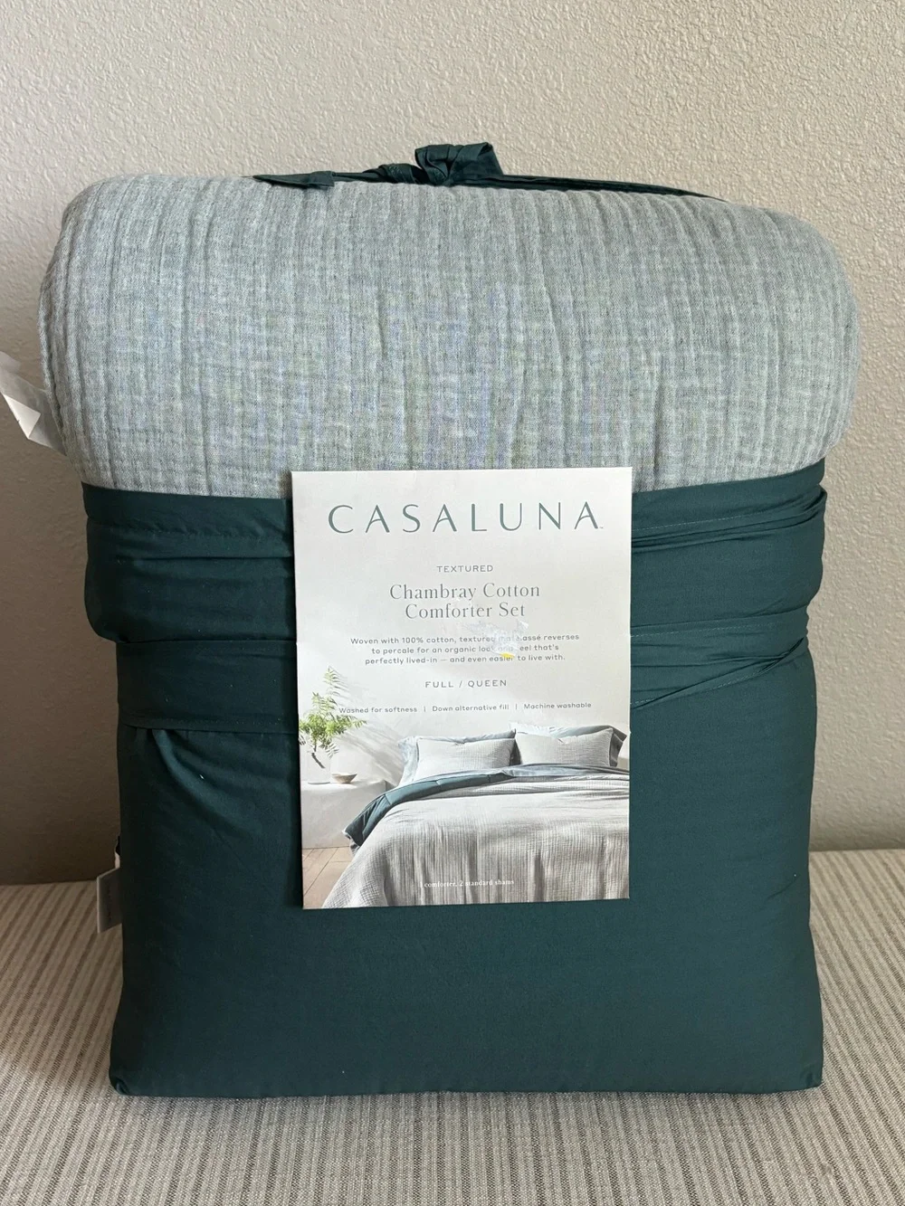 NWT Full/Queen Textured Chambray Comtorter & Sham Set Dark Teal Blue - Casaluna